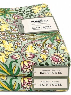 William Morris Set Of 2 Bath Towels Hyacinth Green Yellow Floral Cotton Velour